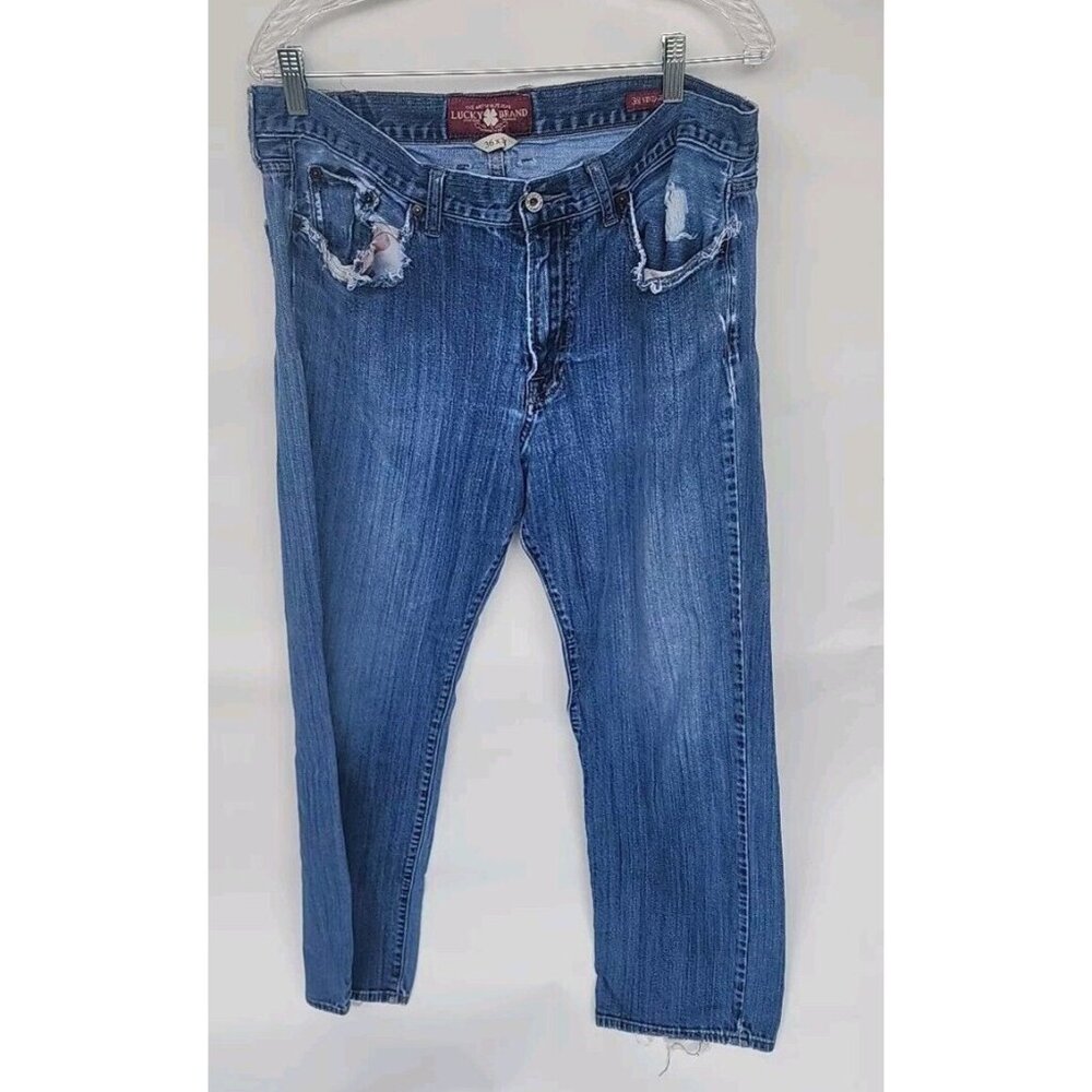 Lucky Brand Mens Distressed Blue Jeans 36x32 Straight Fit Medium Wash Denim